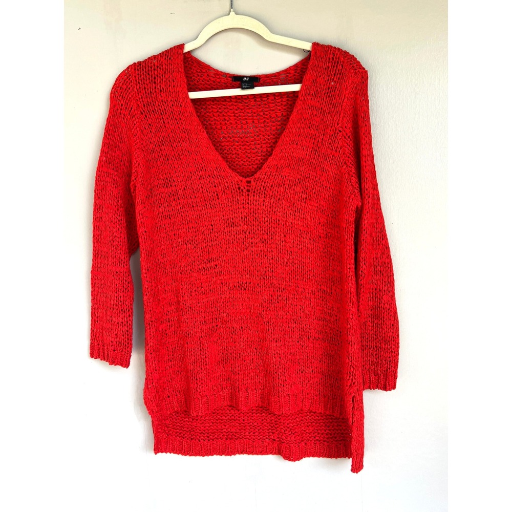 H&M Red V Neck Knit Sweater Loose Fit‎ Open Weave Pullover Valentine's Day M
